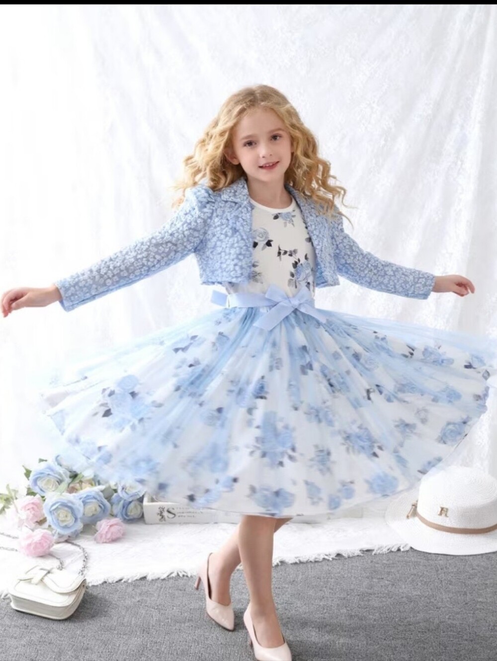 New Blue Floral Tulle Girls Dress with Matching Jacket  sz 9-19yrs #1519-1451
